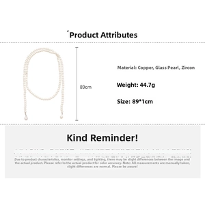 Detailed size and material specs for the 89cm pearl necklace with teardrop crystal