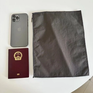 Detailed macro view of dark grey nylon organizer pouch with metallic silver zipper closure