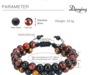 Bracelet œil de tigre et pierre mate 8mm avec double corde et nœud réglable détaillé