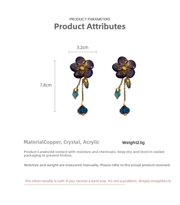 Blue crystal flower tassel earrings with detailed 7.8x3.2cm size measurements