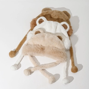 Cute Bear Ears Plush Bucket Hat Faux Fur Warm Windproof Earflap Cap With Pom Poms Outdoor