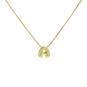 18k gold plated bubble letter A pendant necklace with polished surface on white background