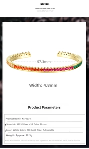 Detailed S925 silver open bangle with dimensions showing 57.3mm diameter and 4.8mm width