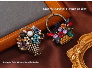 Detail of vintage flower basket brooch with colorful crystals and pearls on brown silk