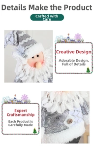 Detail of silver Nordic Christmas doll featuring grey knit hat with sequins and white faux fur
