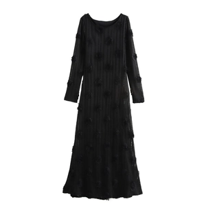 Robe Longue Noire Élégante Avec Appliques De Fleurs De Rose 3D Manches Longues Maille Texturée Taille Haute Sexy Femmes