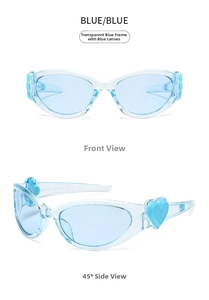 Detail of blue transparent heart sunglasses showing the unique 3D heart temple hinge