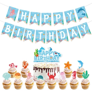 Ocean Theme Birthday Party Decoration Happy Birthday Banner Cake Toppers Sea Creatures Dolphin Shark Cartoon Cardboard