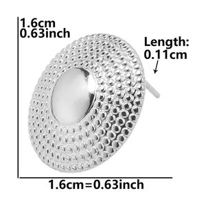 Detailed view of silver 304 stainless steel dot earrings with 1.6cm diameter dimensions