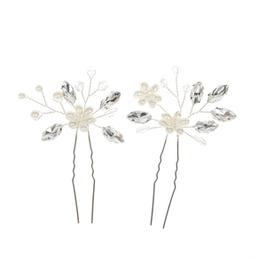 Silver bridal hair pins with white pearls and clear crystals in floral design