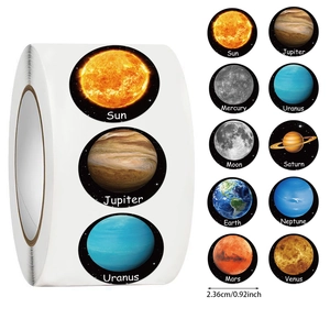 Detail of 10 solar system planet stickers with 0.92 inch diameter on a roll for kids