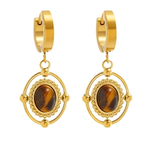 Vintage gold stainless steel drop earrings with oval tiger eye stones on white background