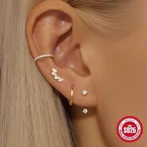 S925 sterling silver geometric ear cuff and stud earring set with white zircon in gold finish