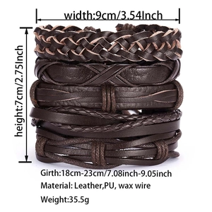 Stacked set of four handmade woven leather bracelets with detailed size specifications