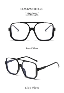 Front and side macro views of vintage oversized half-frame glasses with anti-blue light lenses