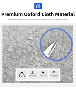 Detailed view of gray oxford fabric with waterproof droplets and scratch-resistant texture