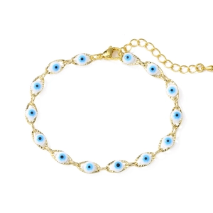 Gold plated evil eye bracelet with blue and white enamel charms and lobster clasp closure