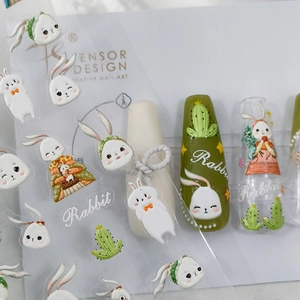 3D embossed nail art stickers featuring cute rabbits and cactus designs for DIY manicure