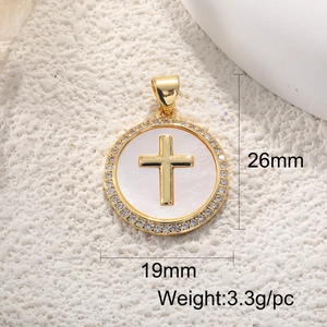 Golden round necklace pendant with white shell inlay, cross charm and crystal accents