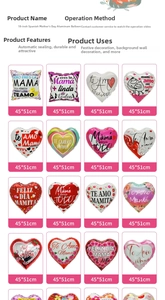 Detail showing 18 inch heart and square foil balloons with Spanish Mother's Day prints