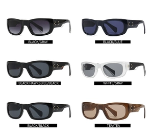 Collage showing stylish square sunglasses in black, grey, blue, and tortoiseshell frames