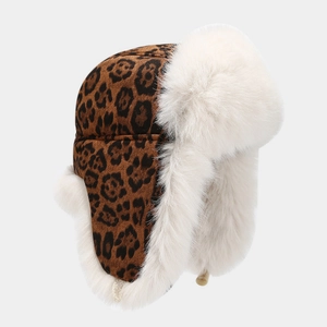 Winter faux fur leopard print trapper hat with warm ear flaps for cold weather protection