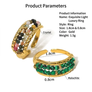 Titanium steel open ring featuring multi-color crystals and green malachite beads