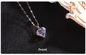 Detailed front view of a heart-shaped crystal pendant necklace with sparkling accents
