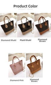 Collage of multi-color tote handbags featuring diamond and plaid textures with gold chains