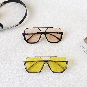 Retro oversized square sunglasses with metal double bridge frame in orange and yellow