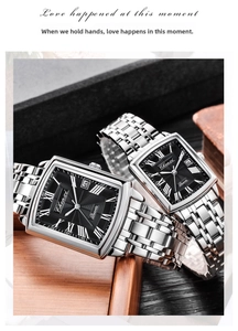 Close-up of Chenxi couple watches with square black dial and silver stainless steel strap