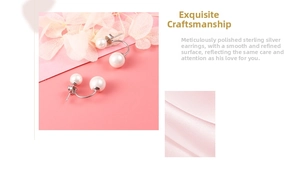 Detailed view of S925 sterling silver double pearl earrings with U-shaped curved design