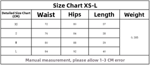 Detailed size chart for women cargo mini skirt featuring waist and hip measurements