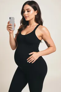Detail of black seamless maternity bodysuit with U-neckline and high stretch fabric