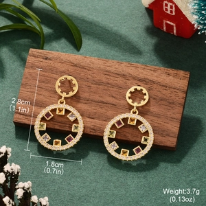 Detailed dimensions of round gold-plated earrings with colorful zircon and micro-pave crystals