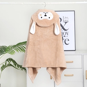 Soft coral fleece hooded baby towel with cute rabbit ears in a light camel color finish