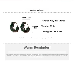 Detailed view of green rhinestone hoop earrings measuring 2cm by 2cm and weighing 13.8g