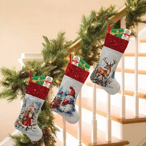 Three-piece Christmas stockings with sequins, Santa, snowman, and reindeer illustrations