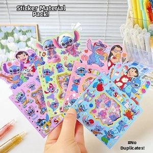 Close-up of Stitch cartoon sticker packs held by hand, showing various colorful designs