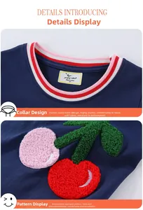 Détail du col rayé rose et broderie de cerises en 3D sur la robe en coton bleu marine