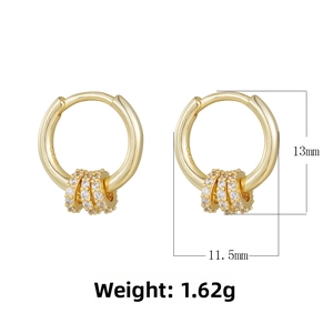 Detail view of gold pavé zircon hoop earrings showing 13mm height and 11.5mm width dimensions