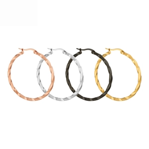 Polished stainless steel twist hoop earrings set in gold, silver, rose gold and black