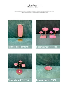 Detailed pink velvet jewelry stands with gold metal frames and specific product dimensions