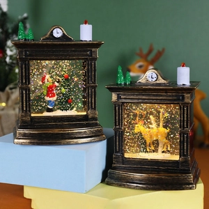 Christmas Snow Globe LED Lantern Retro Fireplace Ornament Plastic Glitter Liquid Glowing Holiday Desktop Decoration