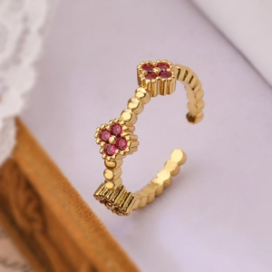 18K gold plated clover ring with red zircon flower charms and adjustable bead band