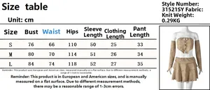 Tableau des tailles pour ensemble haut en tricot et mini-jupe avec mesures détaillées en cm