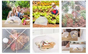 Collage of white mesh food cover used for outdoor picnic, plants, and folding display