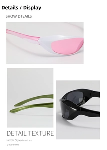 Detailed view of Y2K cycling sunglasses in pink, green, and black with model specifications