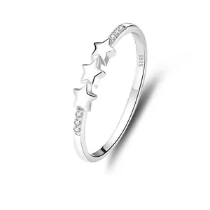 925 Sterling Silver Triple Star Ring For Women Rhinestone Inlaid Fashion Finger Ring White Gold Plated Jewelry Gift