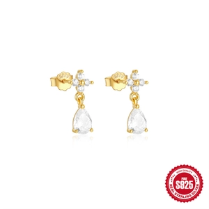 Elegant gold S925 sterling silver drop earrings with petal-shaped white zircon stones